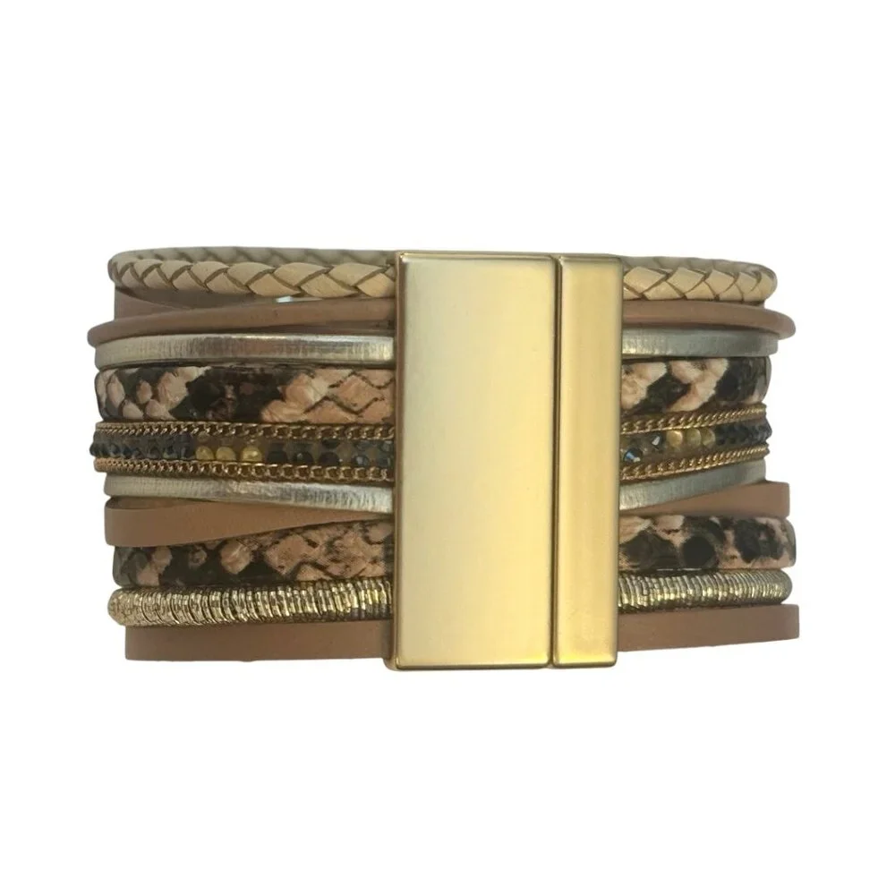 NWT Tan Brown Leather Gold Feather Beaded Boho Western Wrap Cuff Bangle Bracelet